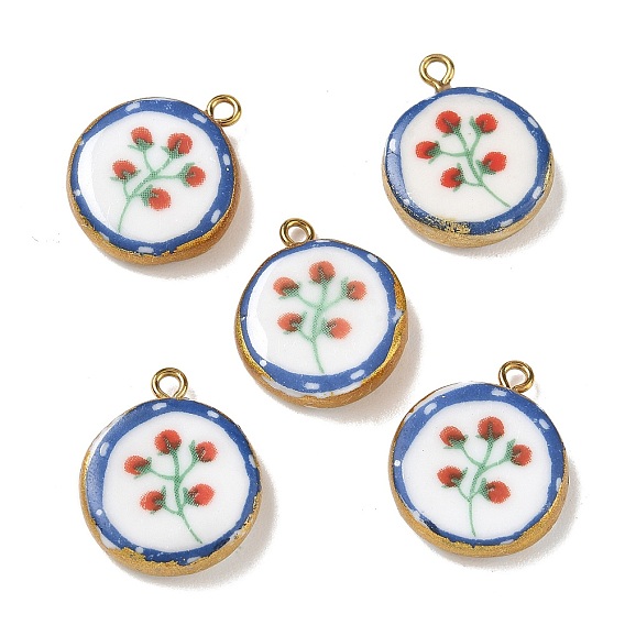 Printed Handmade Porcelain Pendants, with 304 Stainless Steel Findings, Flat Round with Flower Charms, Long-Lasting Plated, Colorful