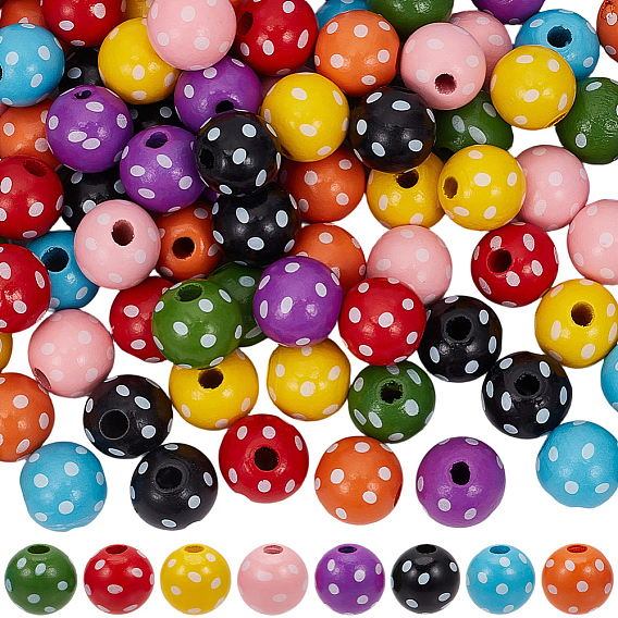 120Pcs 8 Colors Dyed Natural Wooden Beads, Macrame Beads Large Hole, Round with Polka Dot