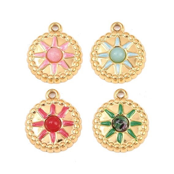 Природные и синтетические смешанные подвески драгоценных камней, 304 Подвески в виде подсолнухов из нержавеющей стали с эмалью, золотые, смешанные окрашенные и неокрашенные