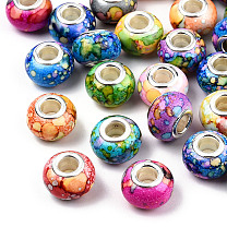 Opaque Resin European Beads, Imitation Crystal, Two-Tone Large Hole Beads, with Silver Tone Brass Double Cores, Rondelle