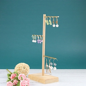 3-Tier Wood Earring Organizer Display Stands, with Golden Tone Iron Bar