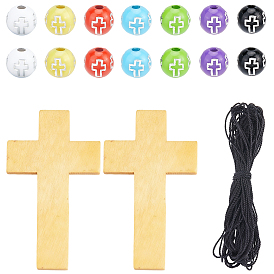 Наборы для самостоятельного изготовления ожерелий, включая 16шт. подвесок из кленового дерева, крестик, 245 шт 7 цвета покрытия акриловых бусин, 8м нейлоновая нить, крест и круглых