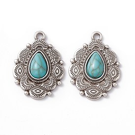 Synthetic Turquoise Pendants, Teardrop Charms, with Rack Plating Alloy Oval Findings