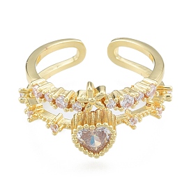 Clear Cubic Zirconia Flower & Heart Open Cuff Rings, Brass Jewelry for Women