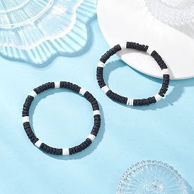 2Pcs 2 Styles Natural Lava Rock & White Shell Flat Round Beads Stretch Bracelets for Men Women