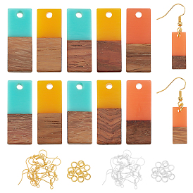 Olycraft DIY Walnut Wooden Dangle Earring Making Kits, 12Pcs 3 Colors Rectangle Resin & Walnut Wood Pendants, Brass Earring Hooks & Jump Rings
