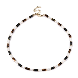 Colliers en perles d'œil de tigre naturelles, de jaspe kambaba et de coquillages blancs pour femmes