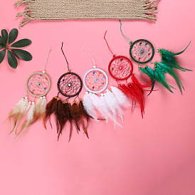 Filet/toile en plastique tissé avec décorations en forme de pendentif en plumes, avec des perles pour décorer la voiture, plat rond