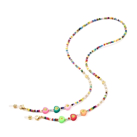 Glass Seed Beads Eyeglasses Chains, with Heart Polymer Clay Beads, Neck Strap for Eyeglasses, with Rubber Loop Ends