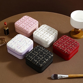 Square PU Leather Jewelry Storage Zipper Boxes, Jewelry Organizer Case with Polyester Inside, for Earrings, Rings, Necklaces