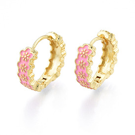 Enamel Plum Blossom Hoop Earrings, Golden Brass Jewelry for Women, Nickel Free