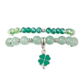 2Pcs 2 Style Natural Green Aventurine & Glass Beaded Stretch Bracelets Set, Alloy Clover Charms Stackable Bracelets for Saint Patrick's Day