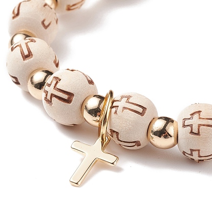 Wood & Synthetic Hematite Beaded Stretch Bracelet with Brass Cross Charms, Religion Jewelry for Women