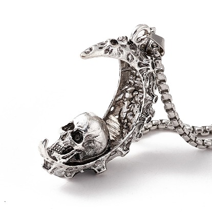Croissant de lune en alliage avec collier pendentif tête de mort avec 304 chaînes vénitiennes en acier inoxydable, bijoux gothiques pour hommes femmes