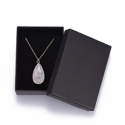 Teardrop Natural Gemstone Pendant Necklaces, with Brass Cable Chains and Brass Lobster Claw Clasps, Packing Box