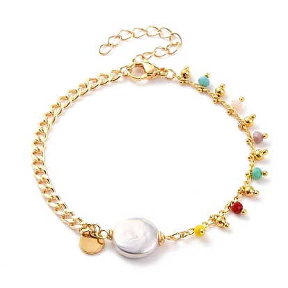 Natural Baroque Pearl Keshi Pearl Link Bracelets, with Brass Curb Chains, Glass Beads, 304 Stainless Steel Lobster Claw Clasps and Flat Round Charms, Colorful