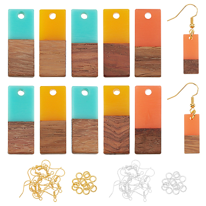 Kits de fabrication de boucles d'oreilles pendantes en bois de noyer, 12 pcs 3 couleurs rectangle résine & pendentifs en bois de noyer, crochets et anneaux de saut en laiton