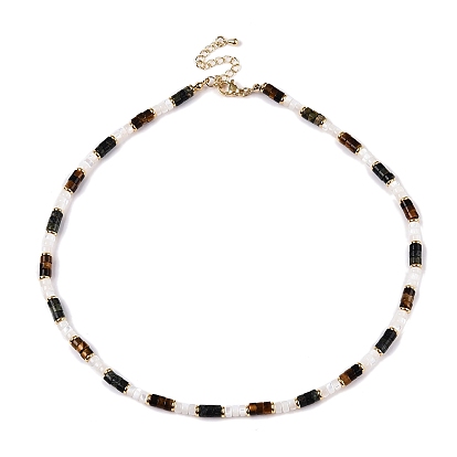 Colliers en perles d'œil de tigre naturelles, de jaspe kambaba et de coquillages blancs pour femmes