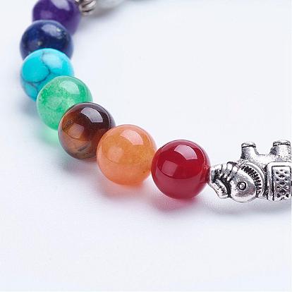Natural Gemstone Beaded Stretch Bracelets, with Alloy Spacer Beads, Elephant, Antique Silver