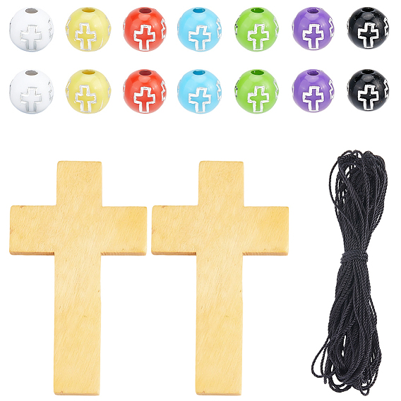 Наборы для самостоятельного изготовления ожерелий, включая 16шт. подвесок из кленового дерева, крестик, 245 шт 7 цвета покрытия акриловых бусин, 8м нейлоновая нить, крест и круглых