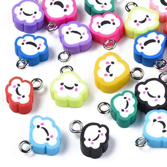 Handmade Polymer Clay Charms, with Platinum Plated Iron Loop, Cloud with Smile