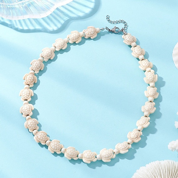 Ожерелья из синтетических бирюзовых бусин, окрашенных в цвет морской черепахи, для женщин., цвет нержавеющей стали