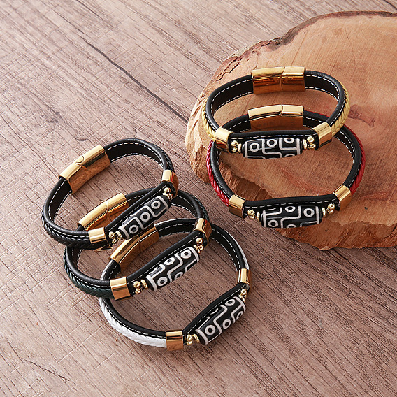 Pulseras vintage de dos tonos con cordón trenzado de cuero sintético y cuentas de arroz dzi estilo tibetano., con 9 cierres magnéticos de acero inoxidable, dorado
