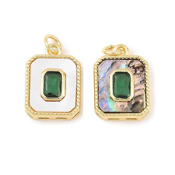 Латунные подвески с натуральными ракушками, прямоугольные подвески с зеленым стеклом, долговечный, стойки покрытие, без свинца и без кадмия, реальный 18 k позолоченный