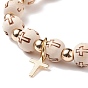 Wood & Synthetic Hematite Beaded Stretch Bracelet with Brass Cross Charms, Religion Jewelry for Women