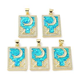 Rack Plating Brass Micro Pave Cubic Zirconia Moon Pendants, Synthetic Opal Rectangle Charms with Snap on Bail, Cadmium Free & Lead Free, Long-Lasting Plated, Real 18K Gold Plated
