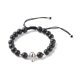 Natural Wood Beads Nylon Thread Braided Bead Bracelets, with Brass Micro Pave Cubic Zirconia Beads, Skull