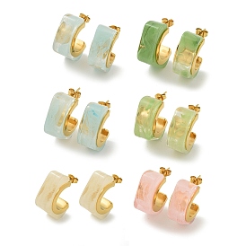 Ion Plating(IP) 304 Stainless Steel with Resin Stud Earrings, Polished, C-Shaped, Golden