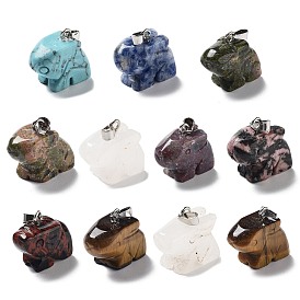 Mixed Gemstone Pendants, Rabbit Charms with Platinum Plated Metal Snap on Bails, Mixed Dyed and Undyed