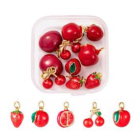 10Pcs 5 Style Red Fruit Theme Brass Enamel Charms, Real 18K Gold Plated, Pomegranate & Apple & Strawberry & Litchi & Cherry, Long-Lasting Plated
