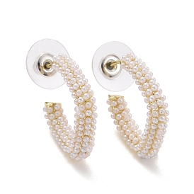 Imitation Pearl Beaded Twist C-shape Stud Earrings, Alloy Half Hoop Earrings, Open Hoop Earrings with 925 Sterling Silver Pin for Women, Light Gold