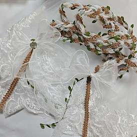 Conjunto de tocado de velo de novia principal de organza con flores y cadena de lazo de boda de poliéster