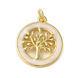 Rack Plating Brass Enamel Pendants, with Jump Ring, Cadmium Free & Lead Free, Long-Lasting Plated, Flat Round with Tree of Life Charm