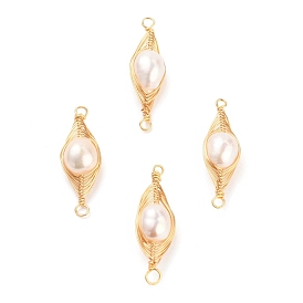 Brass Links Connectors, with Natural Baroque Pearl Keshi Pearl Beads, with Golden Plated Loops, Round