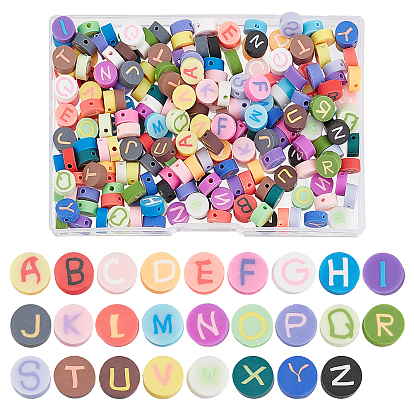 260Pcs 26 Letters Handmade Polymer Clay Beads, Flat Round with Alphabet