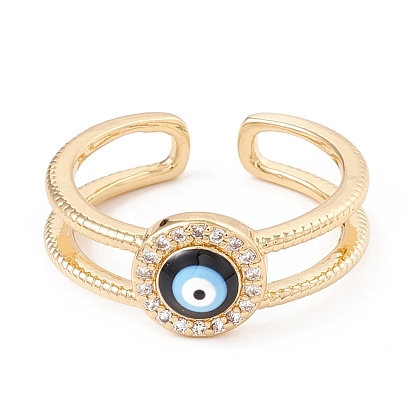 Black Enamel Evil Eye Open Cuff Ring with Clear Cubic Zirconia, Brass Jewelry for Women, Lead Free & Cadmium Free
