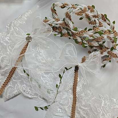 Conjunto de tocado de velo de novia principal de organza con flores y cadena de lazo de boda de poliéster