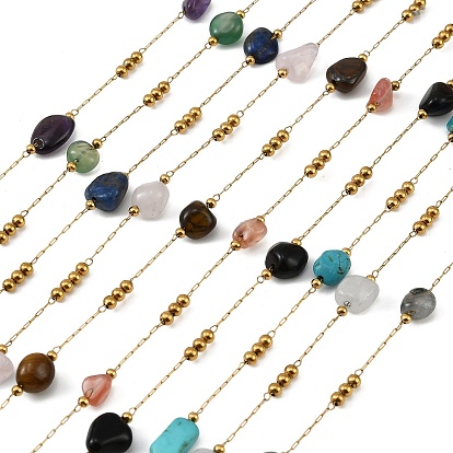 Ручная работа 316 цепочки из звеньев из нержавеющей стали в форме самородков, с 304 бусинами из нержавеющей стали и драгоценных камней, ионное покрытие (ip), реальный 18 k позолоченный, пайки, с катушкой