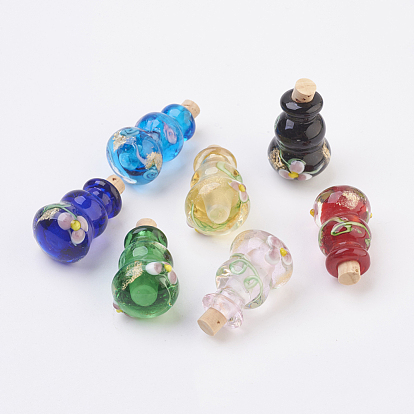 Handmade Lampwork Perfume Bottle Pendants, Essential Oil Bottle, with Gold Sand, Calabash