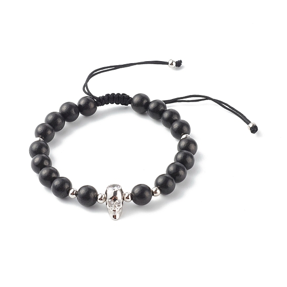 Natural Wood Beads Nylon Thread Braided Bead Bracelets, with Brass Micro Pave Cubic Zirconia Beads, Skull