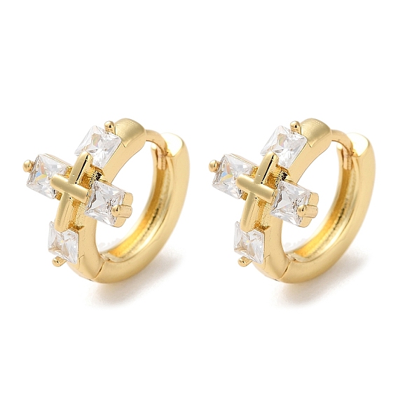 Серьги-кольца из латуни с прозрачным кубическим цирконием, крестик