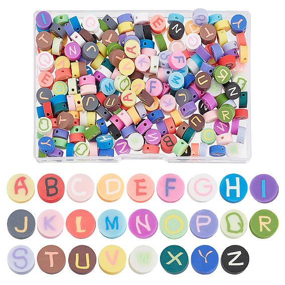 260Pcs 26 Letters Handmade Polymer Clay Beads, Flat Round with Alphabet