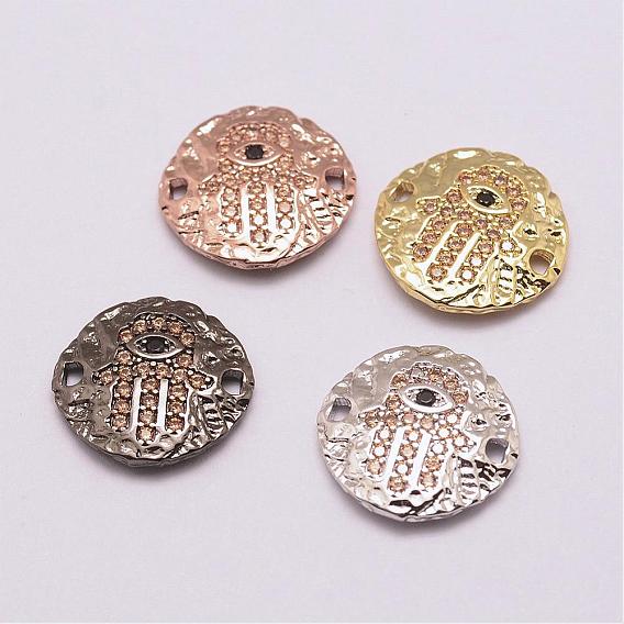 Brass Micro Pave Grade AAA Cubic Zirconia Links, Long-Lasting Plated, Cadmium Free & Nickel Free & Lead Free, Flat Round