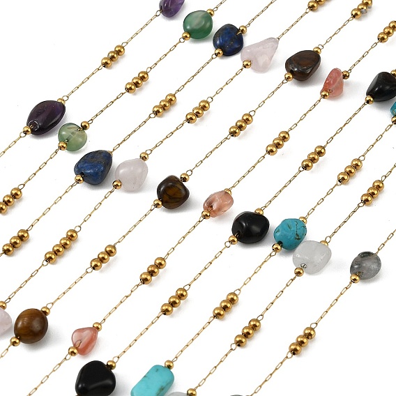 Ручная работа 316 цепочки из звеньев из нержавеющей стали в форме самородков, с 304 бусинами из нержавеющей стали и драгоценных камней, ионное покрытие (ip), реальный 18 k позолоченный, пайки, с катушкой