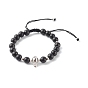 Natural Wood Beads Nylon Thread Braided Bead Bracelets, with Brass Micro Pave Cubic Zirconia Beads, Skull