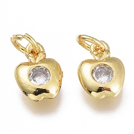 Brass Micro Pave Clear Cubic Zirconia Charms, with Jump Ring, Apple
